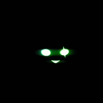 a glowing green face with sharp teeth on a dark background