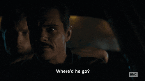 a man with a mustache says where 'd he go in a dark room