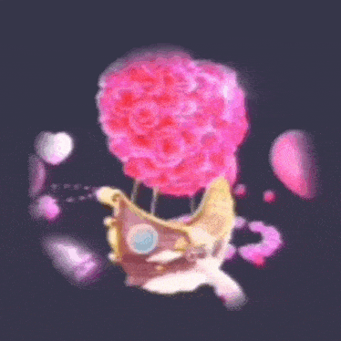 a hot air balloon filled with pink roses is flying in the sky .