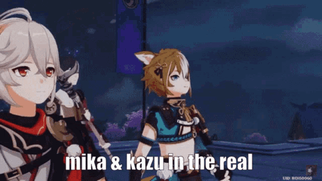 a couple of anime characters standing next to each other with the words mika and kazu in the real