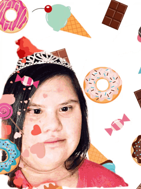 a girl with a tiara on her head is surrounded by candy