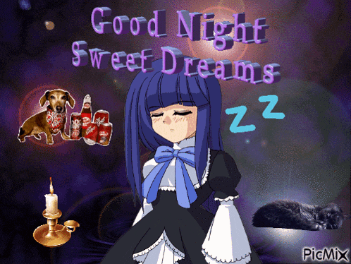 a picture of a girl with blue hair and the words " good night sweet dreams "