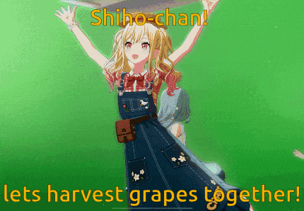 a girl in overalls holds up her arms and says " shiho-chan let 's harvest grapes together ! "
