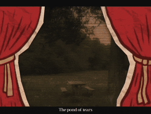 two cartoon characters standing in front of a picnic table with the words " the pond of tears " on the bottom