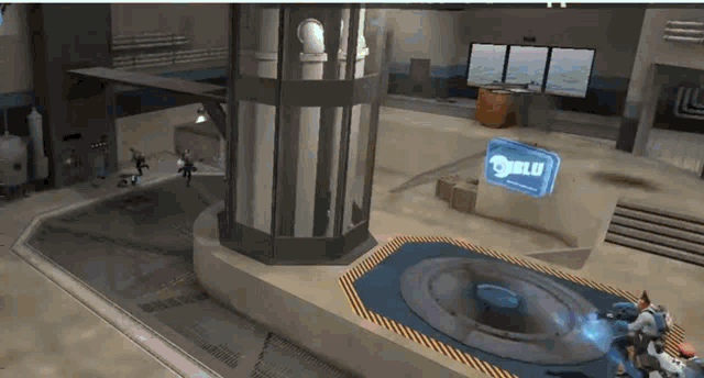 a video game scene with a sign that says blu