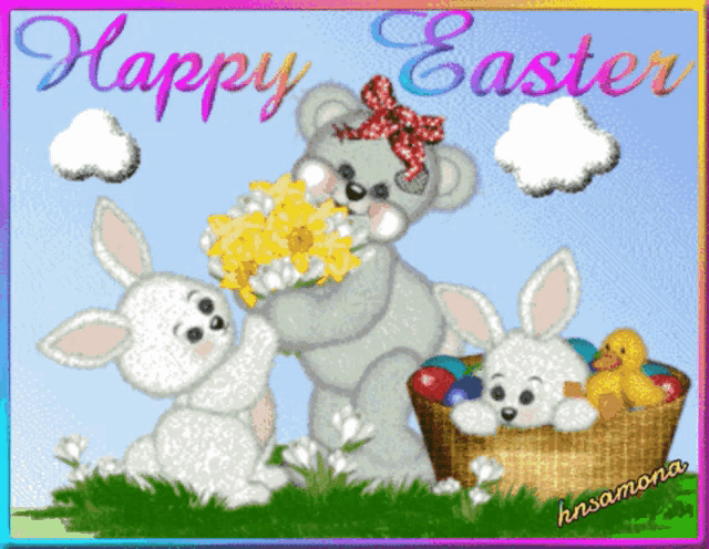 a happy easter greeting card with a teddy bear holding a bouquet of flowers