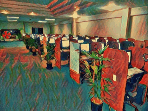 a painting of a room with cubicles and a plant