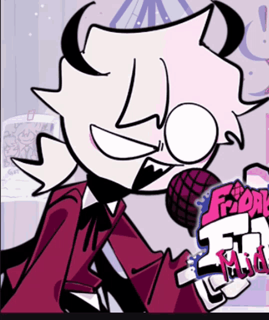 a cartoon character with horns is singing into a microphone with the word fnf on the bottom
