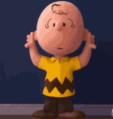 a cartoon character with a yellow shirt and brown stripes is standing in front of a blue wall