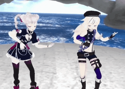 two anime girls are dancing on a beach with the ocean in the background