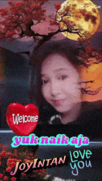 a picture of a woman with a heart that says welcome