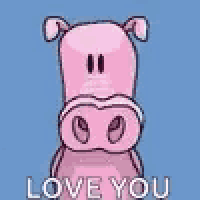 a cartoon hippo is holding a heart in its mouth and saying `` love you '' .