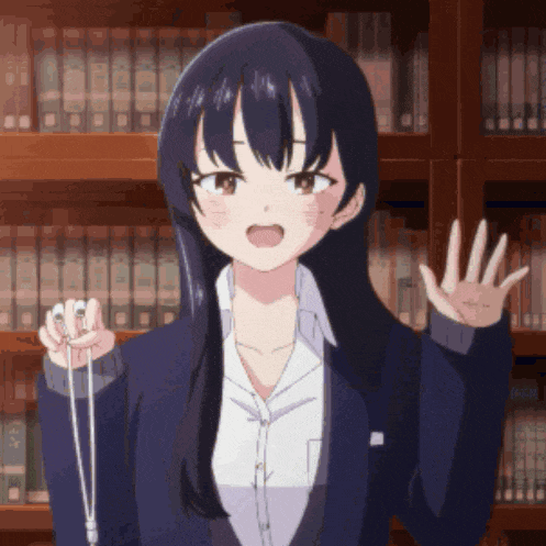 a girl in a library is holding a pair of headphones