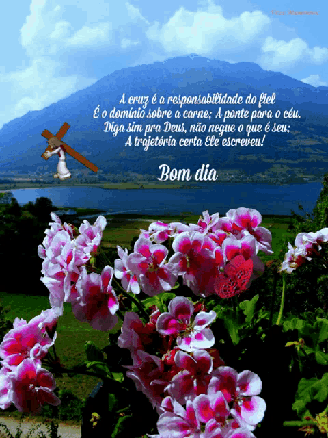 a picture of flowers with the words bom dia written on it