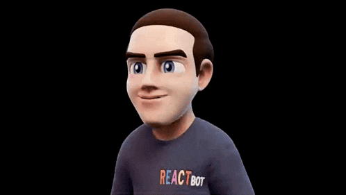 a cartoon man wearing a react bot shirt looks at the camera