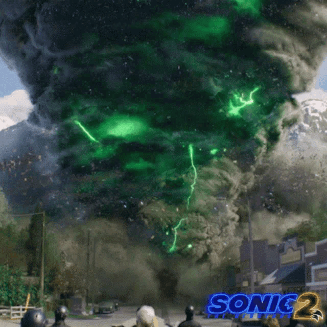 a poster for sonic the hedgehog 2 with a green tornado