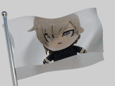 a stuffed animal with a cat ear and a black shirt is on a flag