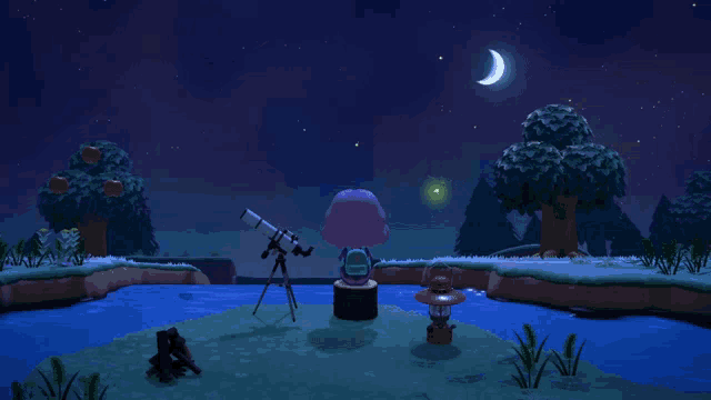 a video game character is looking through a telescope