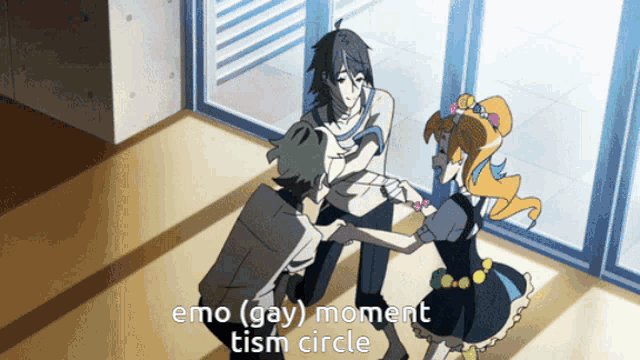 a group of anime characters are dancing with the words emo ( gay ) moment tism circle written below them