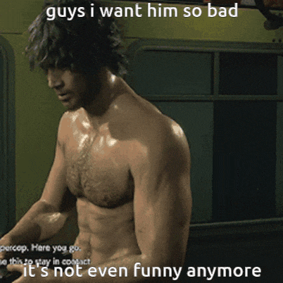 a picture of a shirtless man with the caption " guys i want him so bad "