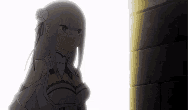 a girl with long white hair is standing in front of a wall