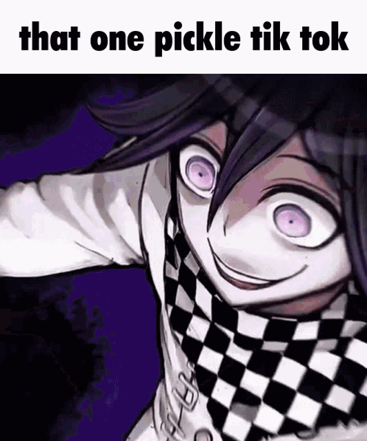 a picture of a person with purple eyes and a checkered scarf with the words `` that one pickle tik tok '' .