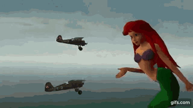 a mermaid is running towards a small plane flying in the sky .