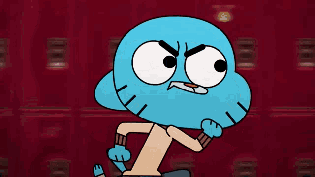 gumball from the amazing world of gumball is running in front of a red locker