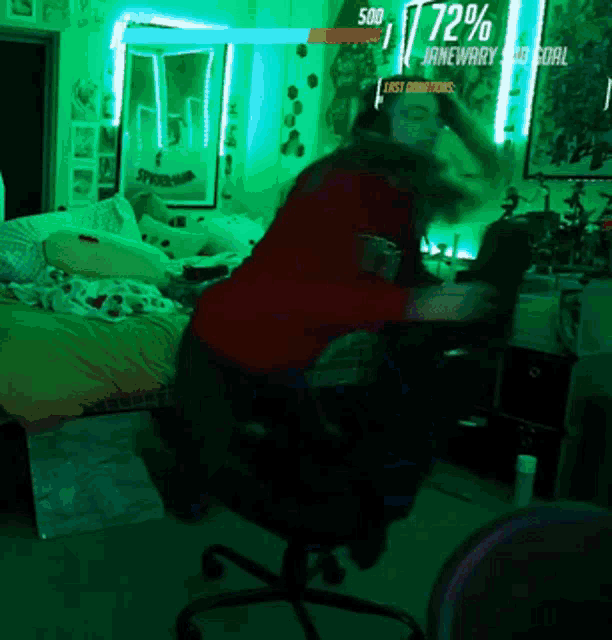 a woman in a red shirt is dancing in a room with green lights and a sign that says janewary on it
