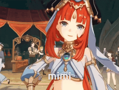 a cartoon girl with red hair and the word mimi on the bottom
