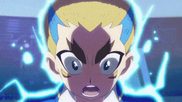 a close up of a cartoon character 's face with a lightning bolt coming out of it .