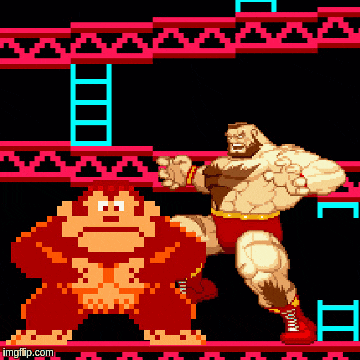 a pixel art of a gorilla and a boxer fighting each other
