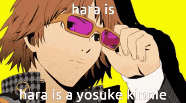 a cartoon of a boy wearing sunglasses with the words hara is hara is a yosuke kienie