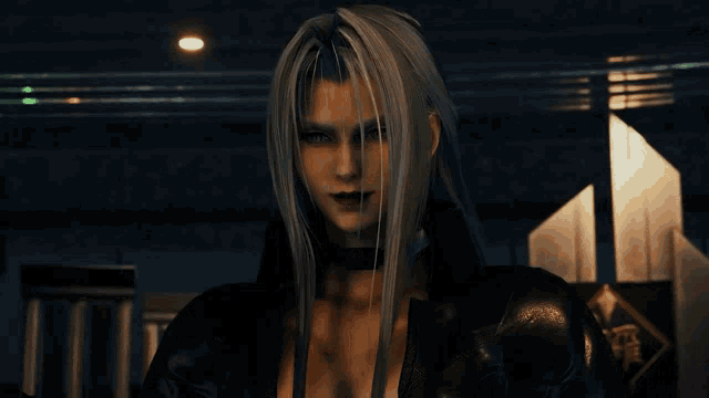 a video game character with long white hair and a choker