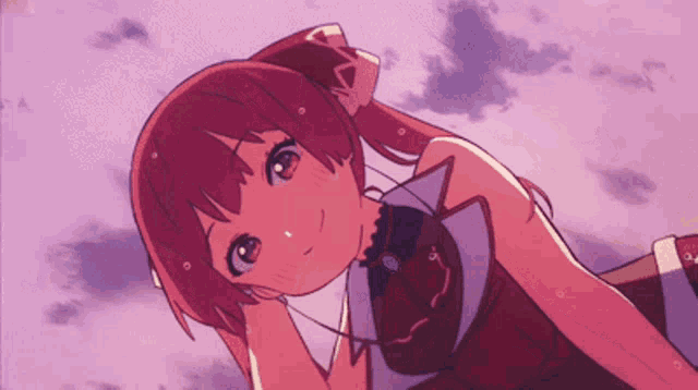 a girl with red hair and a bow in her hair looks up at the sky
