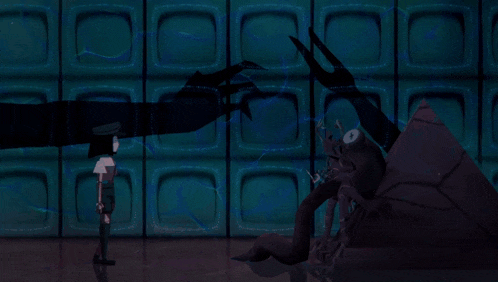 a person standing in front of a wall with squares on it and a hand reaching out towards them