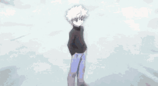 a young boy with white hair and blue eyes is wearing a black sweater .