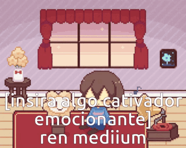 a pixel art of a boy sitting on a couch with the words " insira algo cativado emocionante "