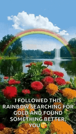 a picture of flowers and a waterfall with a rainbow in the background