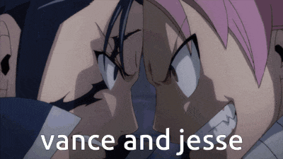 two anime characters looking at each other with the words vance and jesse on the bottom