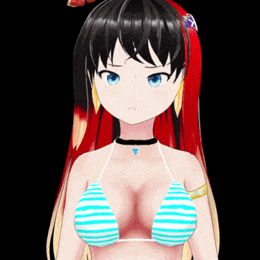 a girl with a choker and striped bikini top