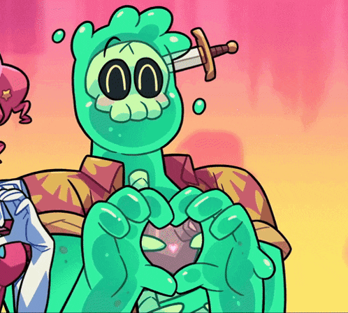 a cartoon character with a sword in his head making a heart shape
