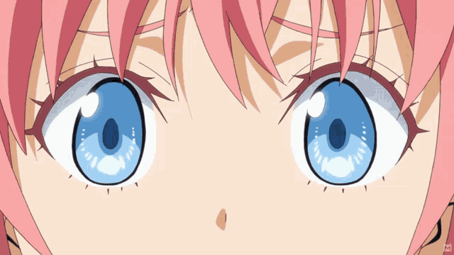 a close up of a girl 's blue eyes with a pink background