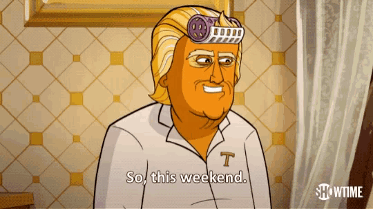 a cartoon of a man with a t on his shirt says " so this weekend "