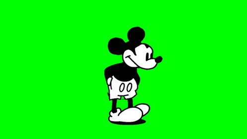 a black and white cartoon of mickey mouse walking on a green screen