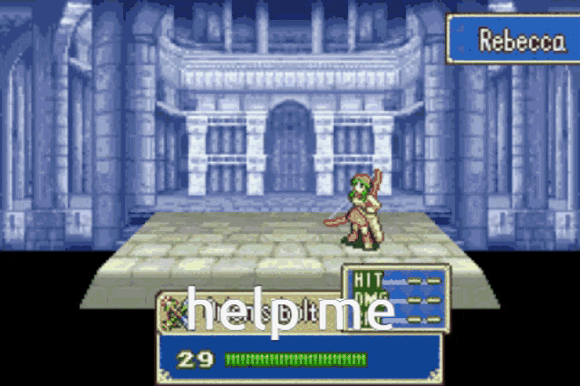 a video game screen shows a character named rebecca fighting another character