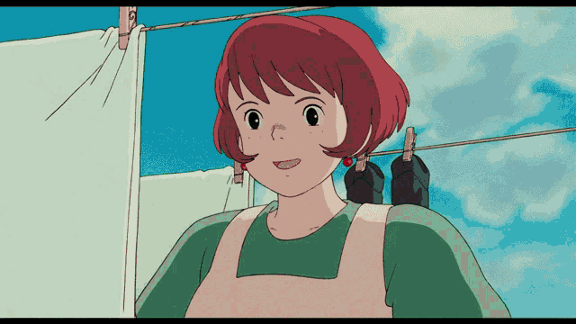 a cartoon character with red hair is smiling in front of a clothes line