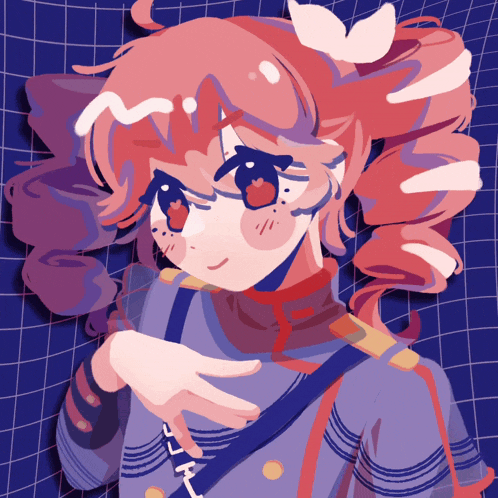 a cartoon drawing of a girl with red hair and a blue background
