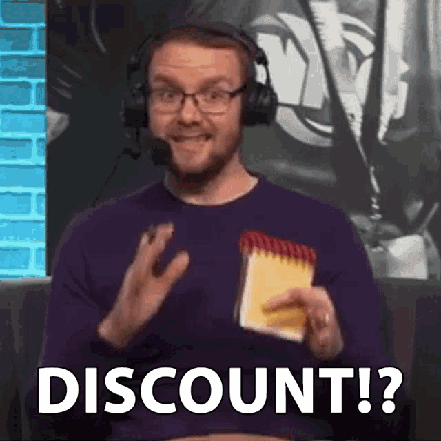 a man wearing headphones is holding a notepad and saying `` discount ! ''