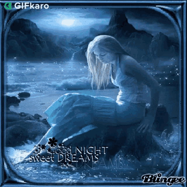 a gif of a woman sitting on a rock with the words good night sweet dreams